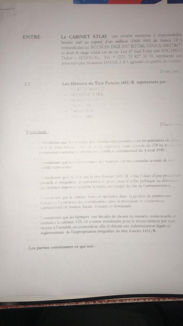 Protocole d'accord entre le cabinet ATLAS sarl et les Héritiers du titre foncier 1451/R (documents)