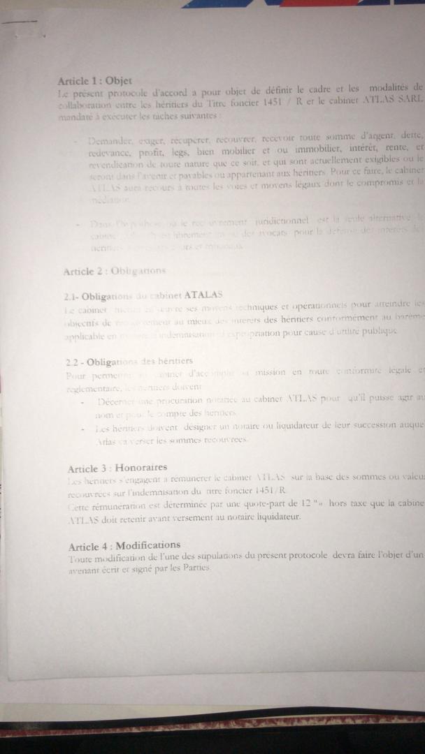 Protocole d'accord entre le cabinet ATLAS sarl et les Héritiers du titre foncier 1451/R (documents) Protocole d'accord entre le cabinet ATLAS sarl et les Héritiers du titre foncier 1451/R (documents)