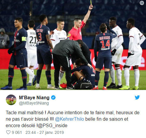 PSG-Rennes : Auteur d’un gros tacle sur Kehrer, Mbaye Niang s’excuse