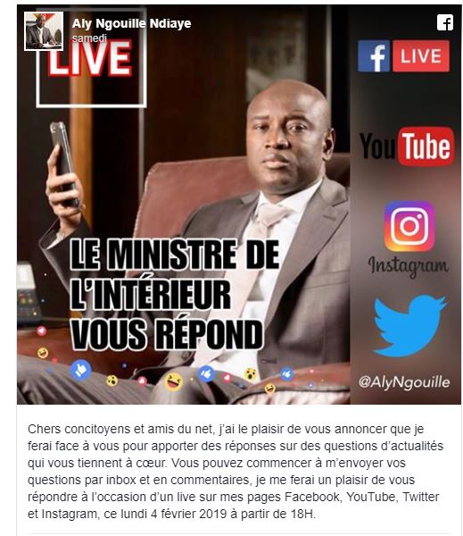 Aly Ngouille Ndiaye répond aux internautes sur Facebook, YouTube, Twitter et Instagram