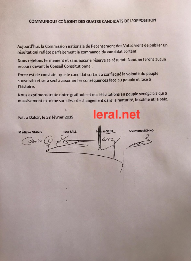 Idy, Sonko, Issa Sall et Madické rejettent "fermement et sans aucune réserve" les résultats provisoires de la Présidentielle