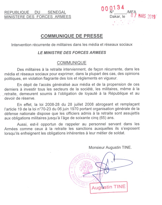 Augustin Tine rappelle aux officiers retraités leurs obligations militaires jusqu’à 65 ans