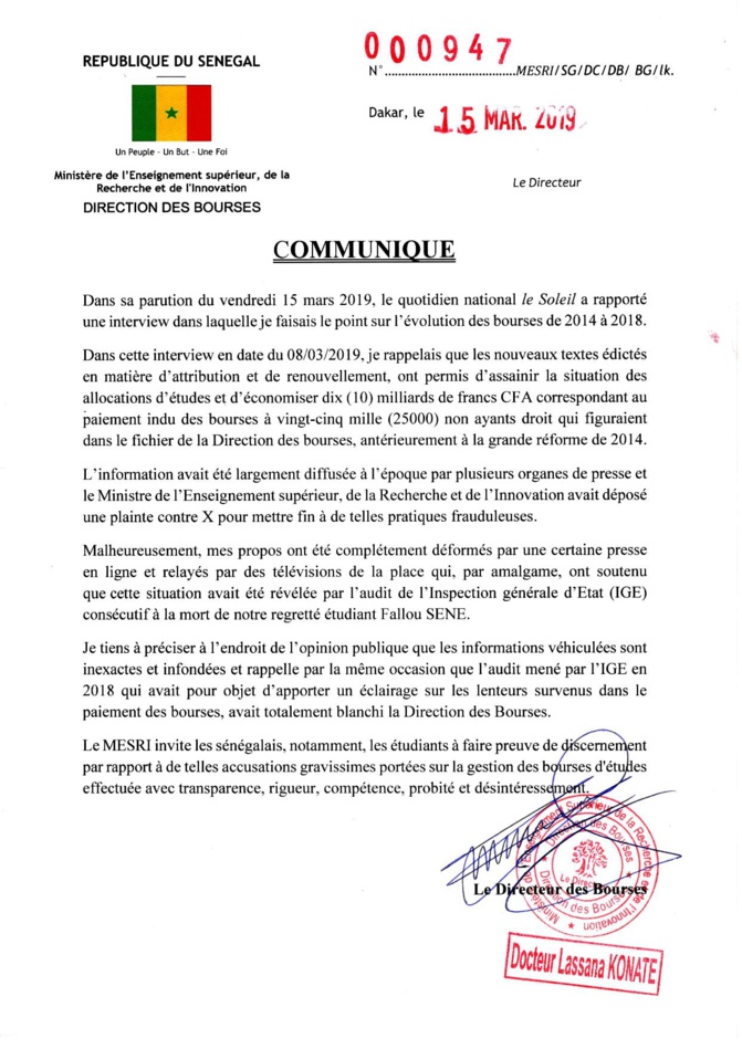Bourses d’étudiants: Lassana Konaté accuse la presse d’avoir déformé ses propos (document)  