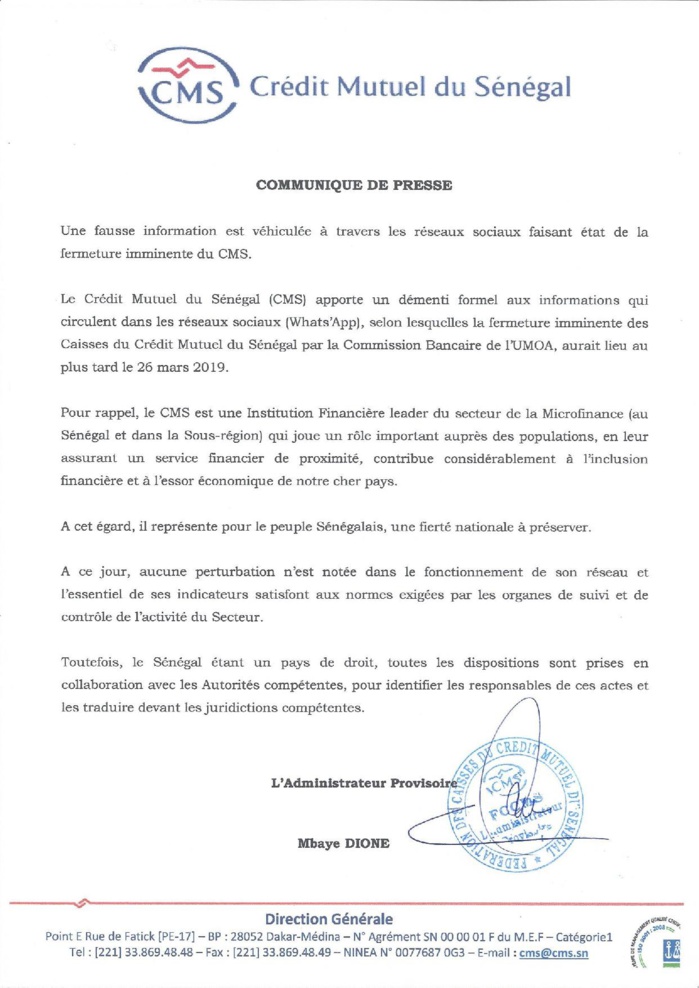 Le CMS dément la rumeur sur la fermeture de ses Caisses (Communiqué)