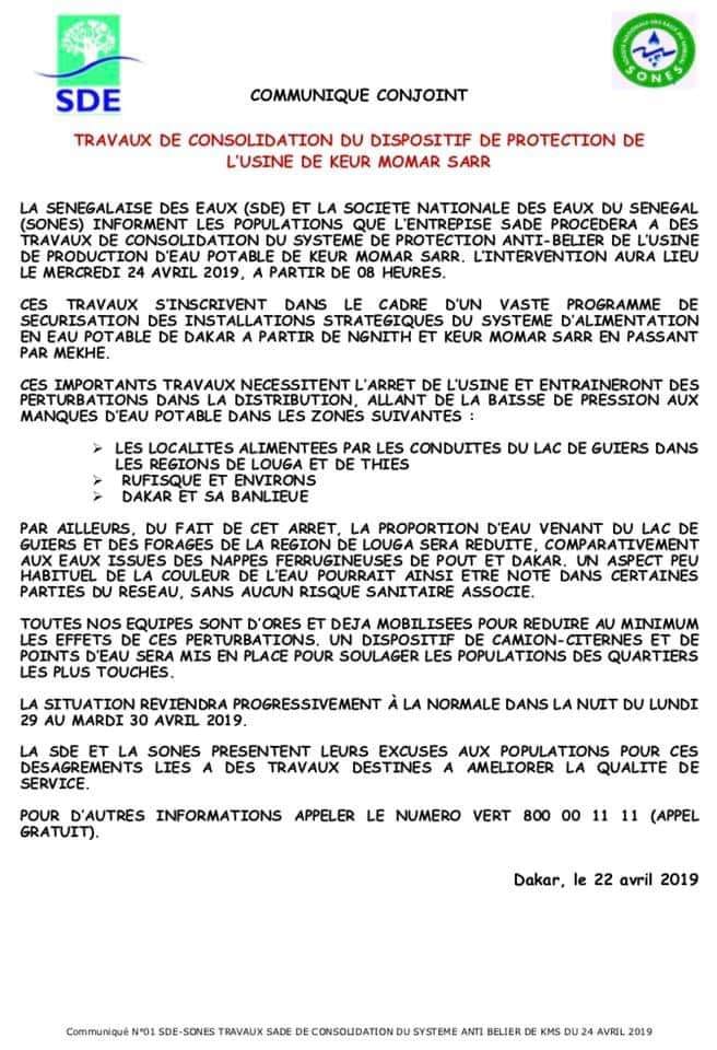 Longue pénurie d’eau à Dakar:  L’usine  de Keur Momar Sarr à l’arrêt pour 6 jours (document)