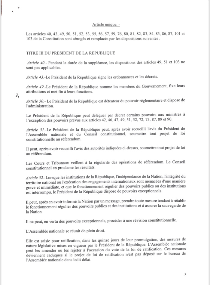 Projet de loi portant révision de la Constitution: Voici ce qui doit changer