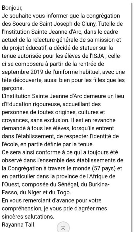 Scandale à Dakar : L’institution Jeanne d’Arc de Dakar interdit aux élèves voilées de rentrer dans l’Etablissement ( Preuve )