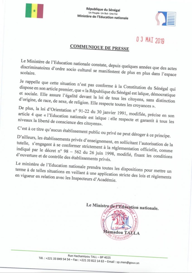 Interdiction du voile à Sainte Jeanne d’Arc : la position du ministère de l’Education nationale