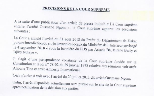Supposée annulation de l’arrêté Ousmane Ngom : les précisions de la Cour suprême