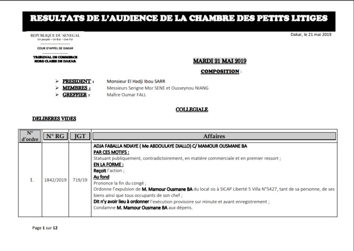 Chambre des petits litiges: Résultats des délibérés vidés le mardi 21 mai 2019