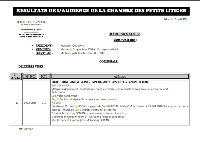 Chambre des petits litiges: Résultats des délibérés vidés le mardi 28 mai 2019