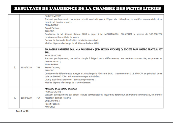 Chambre des petits litiges: Résultats des délibérés vidés le mardi 28 mai 2019