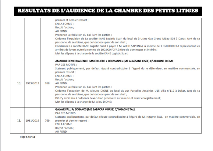 Chambre des petits litiges: Résultats des délibérés vidés le mardi 28 mai 2019