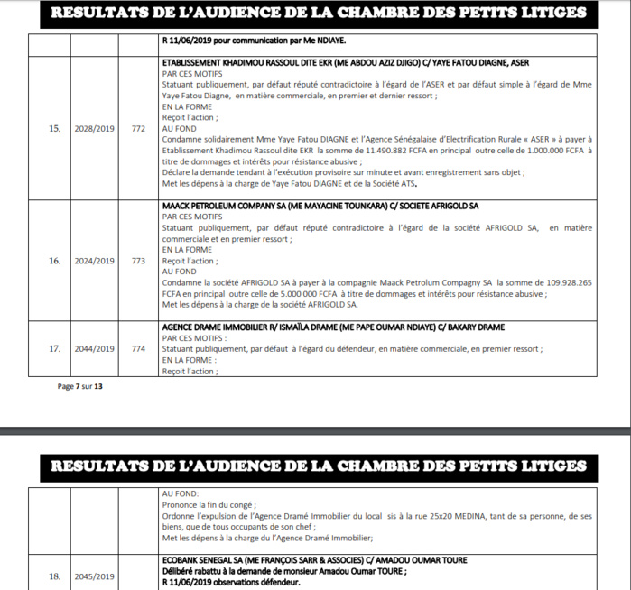 Chambre des petits litiges: Résultats des délibérés vidés le mardi 28 mai 2019