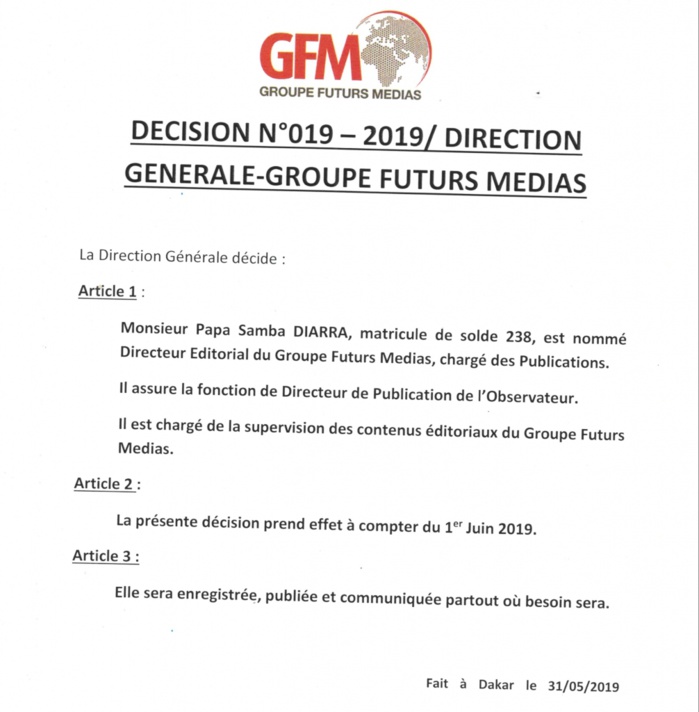 Quotidien "L’Observateur": Alioune Badara Fall remplacé par Pape Samba Diarra Quotidien "L’Observateur": Alioune Badara Fall remplacé par Pape Samba Diarra