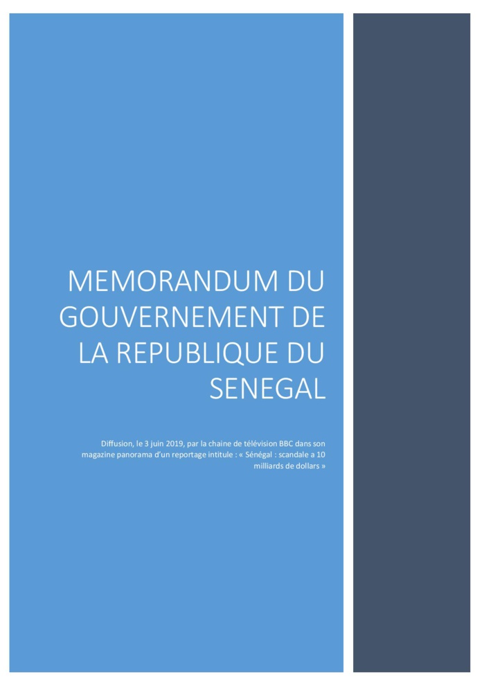 MEMORANDUM DU GOUVERNEMENT DE LA REPUBLIQUE DU SENEGAL  SUR LE PETROLE