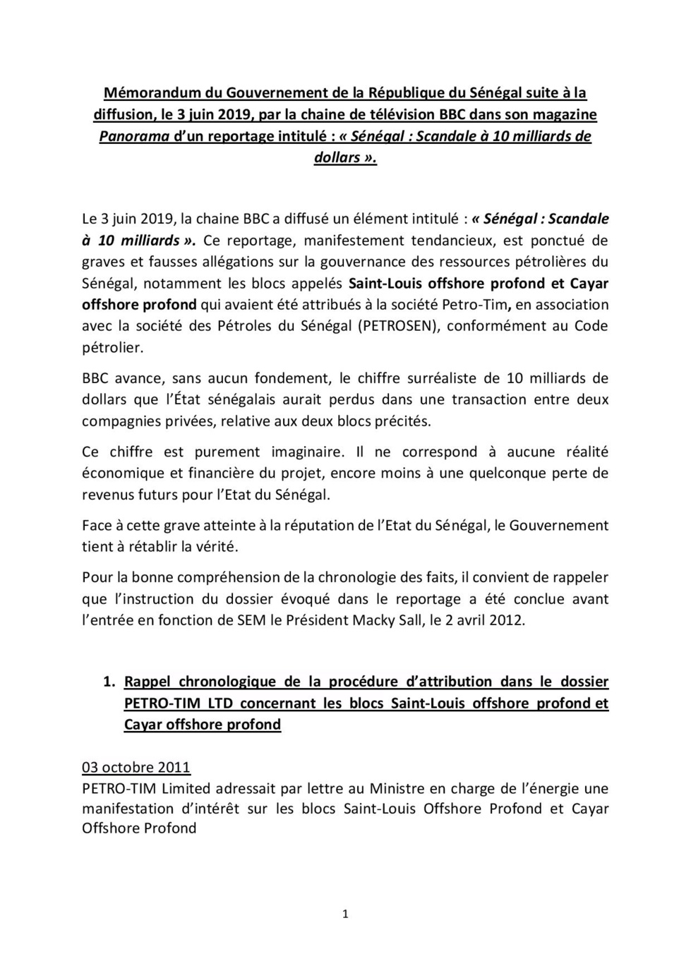 MEMORANDUM DU GOUVERNEMENT DE LA REPUBLIQUE DU SENEGAL  SUR LE PETROLE