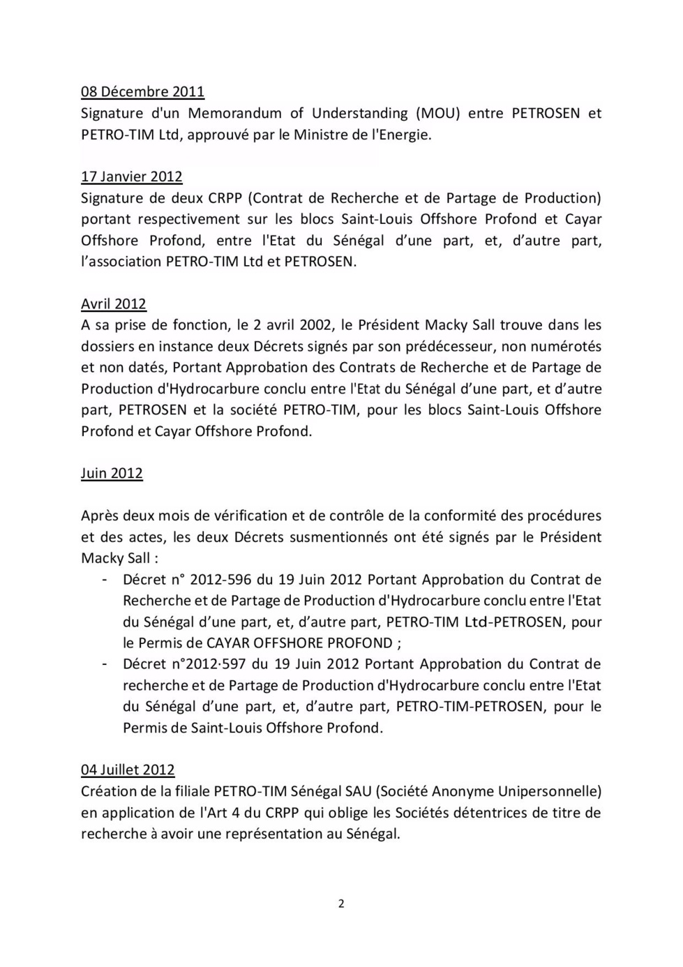 MEMORANDUM DU GOUVERNEMENT DE LA REPUBLIQUE DU SENEGAL  SUR LE PETROLE