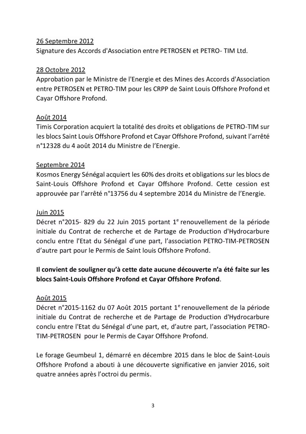 MEMORANDUM DU GOUVERNEMENT DE LA REPUBLIQUE DU SENEGAL  SUR LE PETROLE