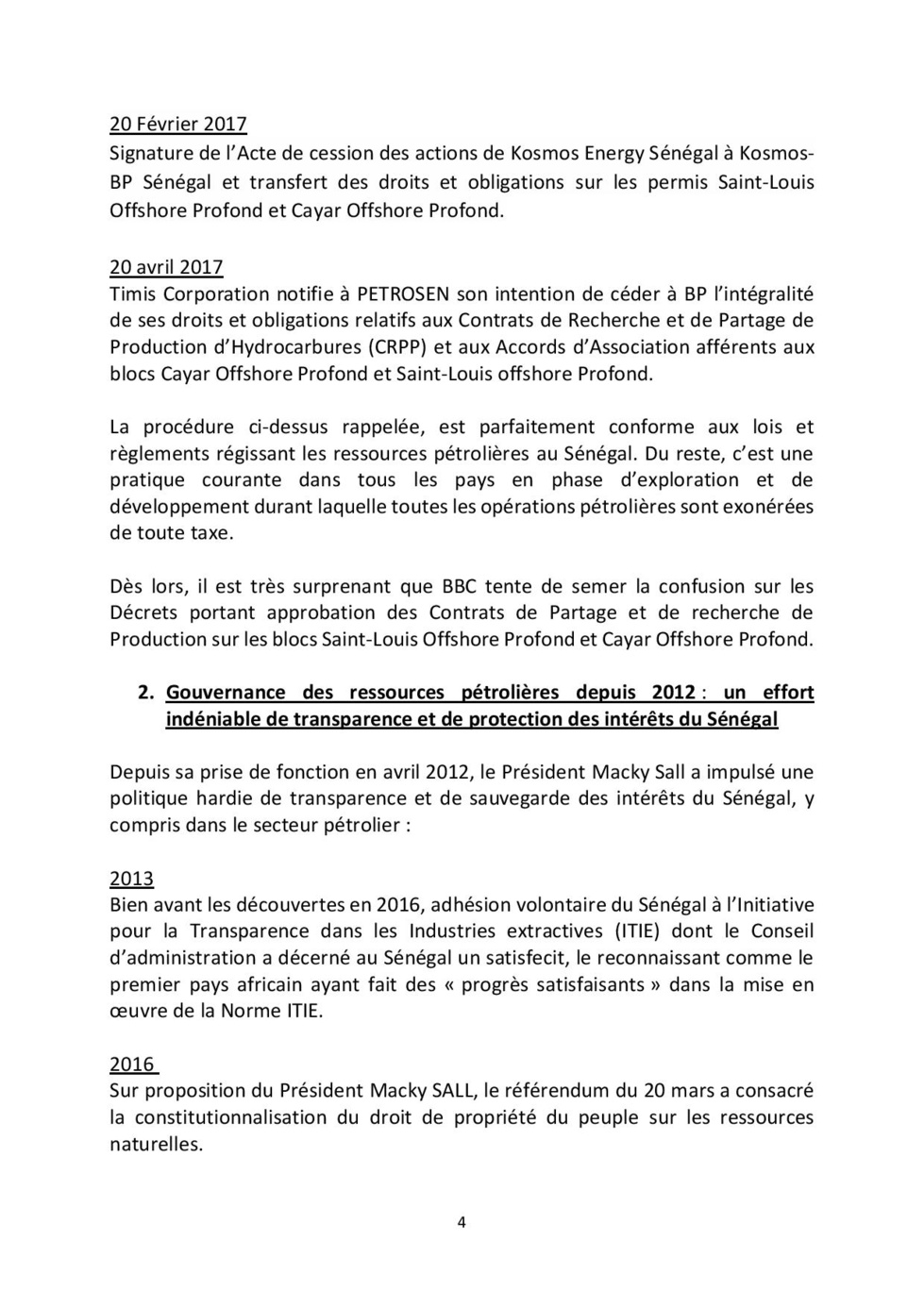 MEMORANDUM DU GOUVERNEMENT DE LA REPUBLIQUE DU SENEGAL  SUR LE PETROLE