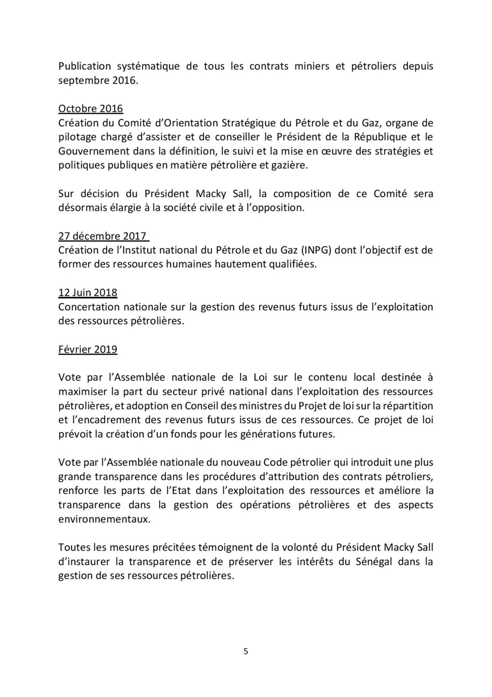 MEMORANDUM DU GOUVERNEMENT DE LA REPUBLIQUE DU SENEGAL  SUR LE PETROLE