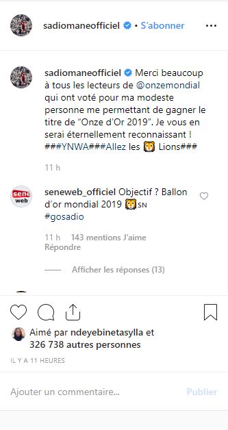 Elu « Onze d’or 2019 »: La première réaction de Sadio Mané Elu « Onze d’or 2019 »: La première réaction de Sadio Mané