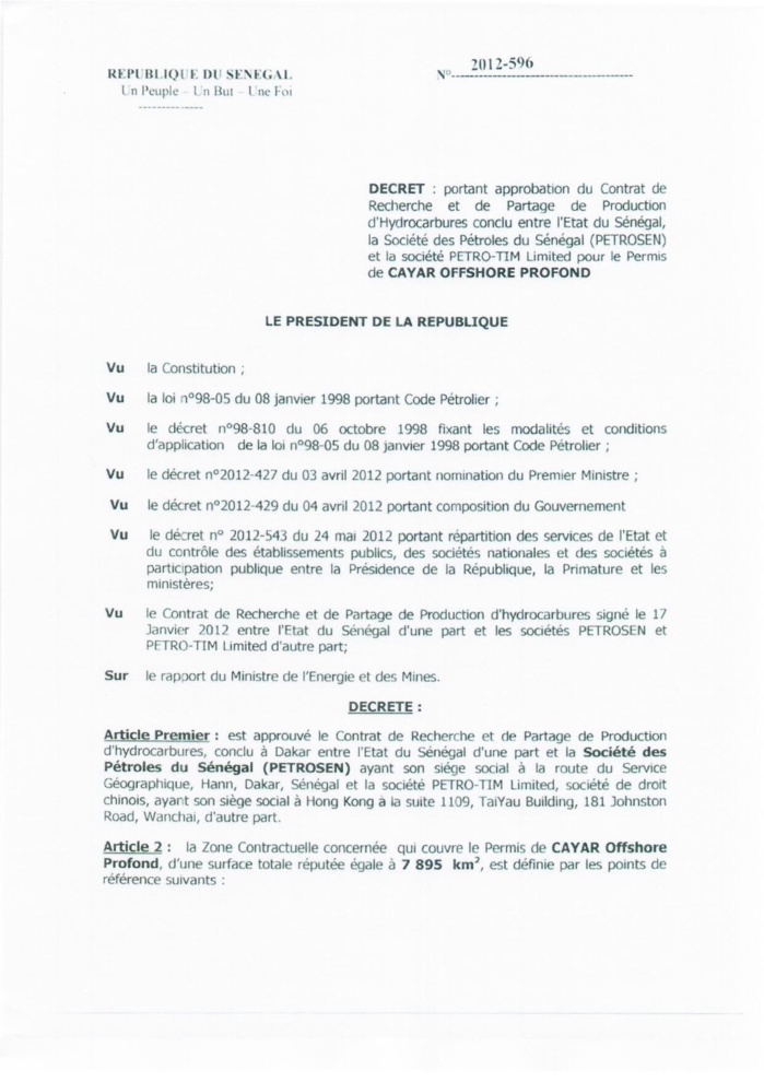 Décret Cayar Offshore et Décret Saint-Louis Offshore signés par Macky Sall (Document)