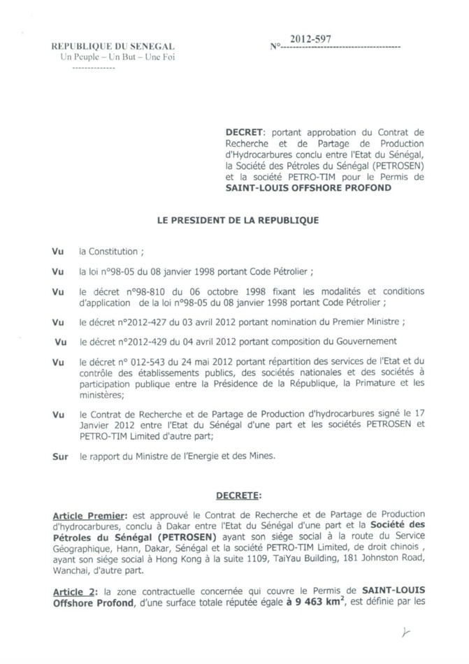 Décret Cayar Offshore et Décret Saint-Louis Offshore signés par Macky Sall (Document)