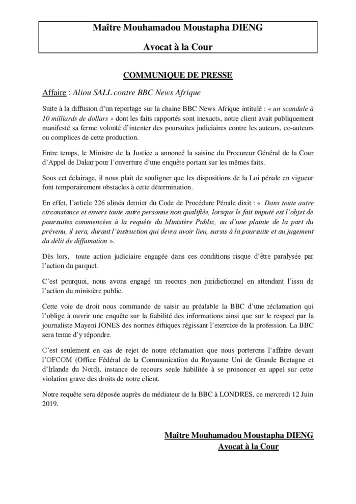 Communiqué de la défense d'Aliou Sall dans son affaire contre la BBC (Document)