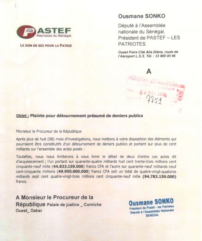 Affaire des 94 milliards - Ousmane Sonko: Les plaintes envoyées en fichiers joints !