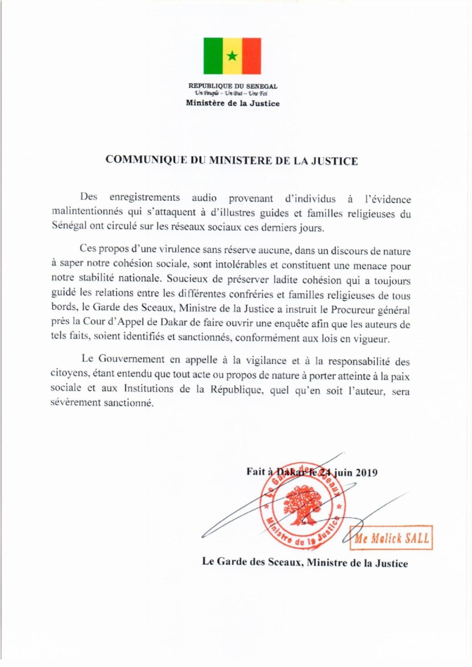 Attaques contre des familles religieuses: Le Garde des Sceaux saisit le procureur pour l’ouverture d’une enquête (Document)