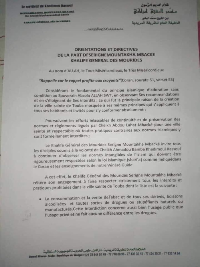 Non respect des interdits et pratiques prohibées à Touba: Le Khalife général des Mourides prévient et menace