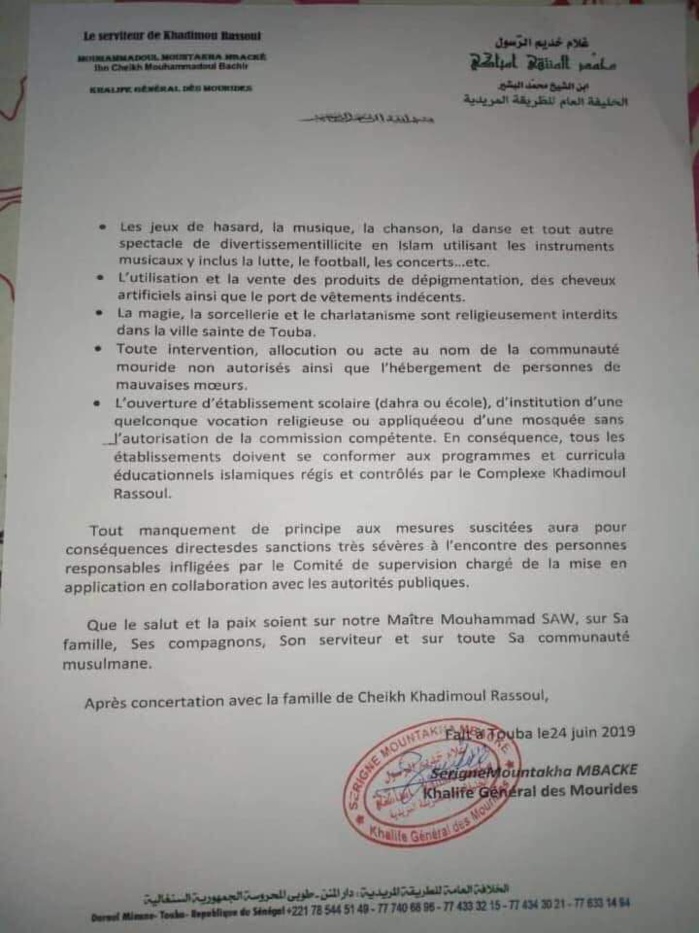 Non respect des interdits et pratiques prohibées à Touba: Le Khalife général des Mourides prévient et menace