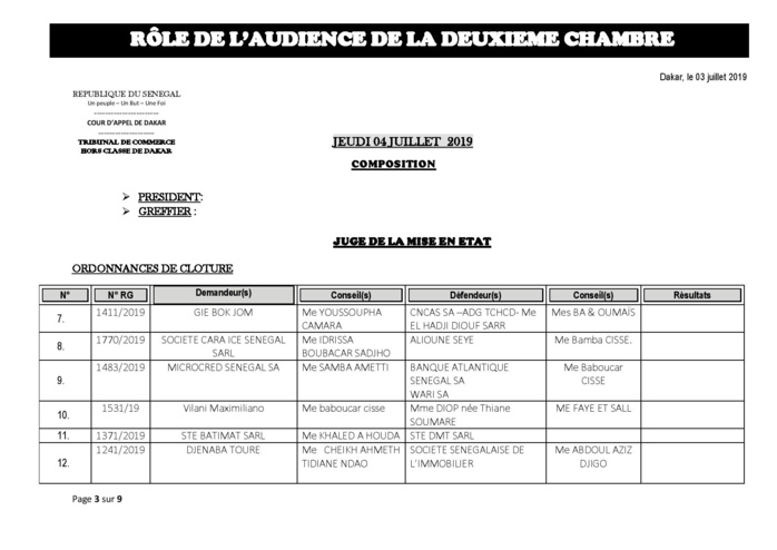 Tribunal du Commerce: Audiences de la 2e Chambre de ce jeudi 7 juillet 2019