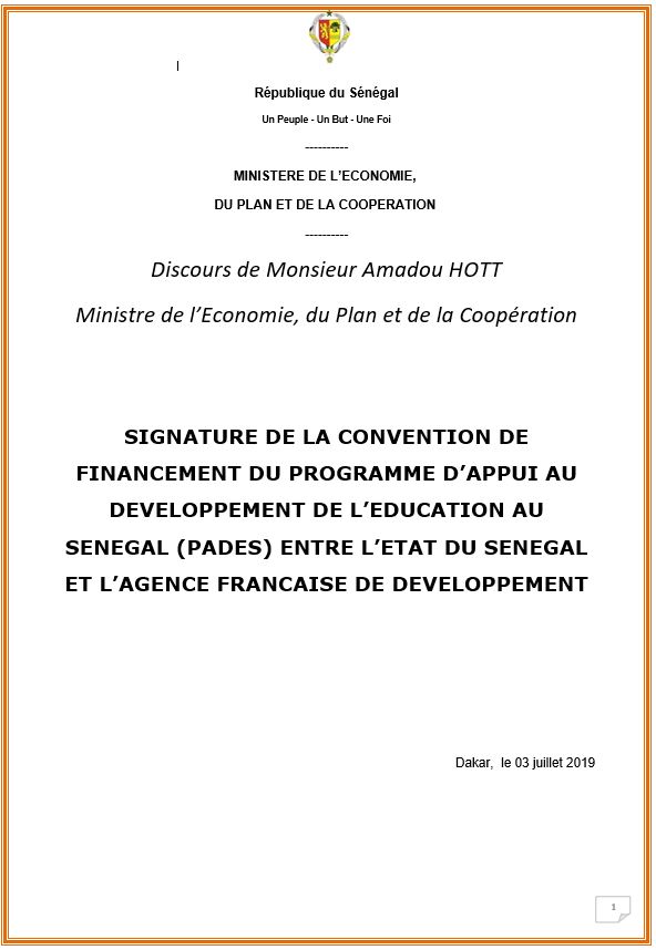 PHOTOS + DISCOURS : Cérémonie de signature de l'accord de financement du PADES, Etat du Sénégal / AFD