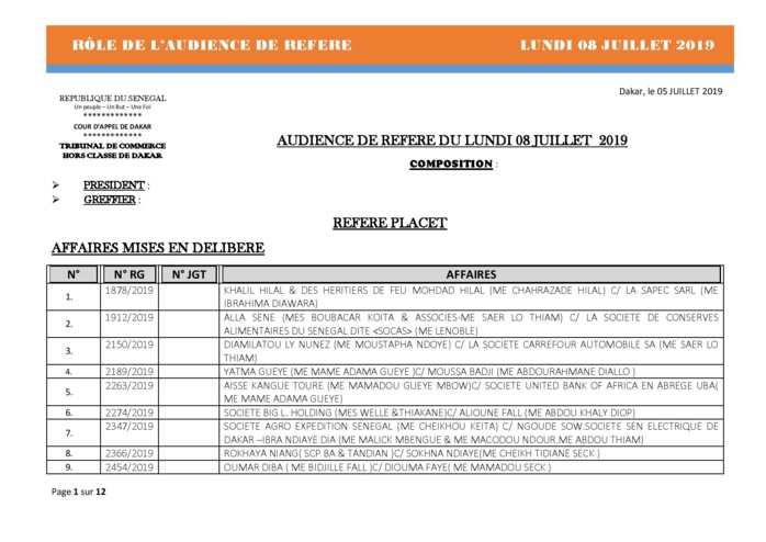 Tribunal du Commerce: Audiences des Référés de ce lundi 8 juillet 2019