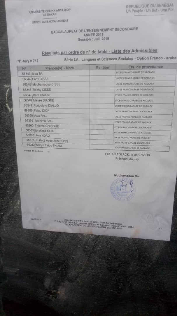 Bac 2019: Le lycée Franco-arabe de Kaolack dicte encore sa loi