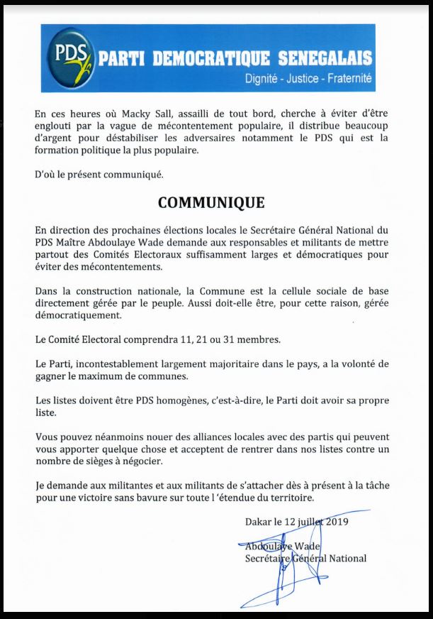 Communiqué du Secrétaire Général National, Me Abdoulaye WADE relatif aux élections locales en perspective