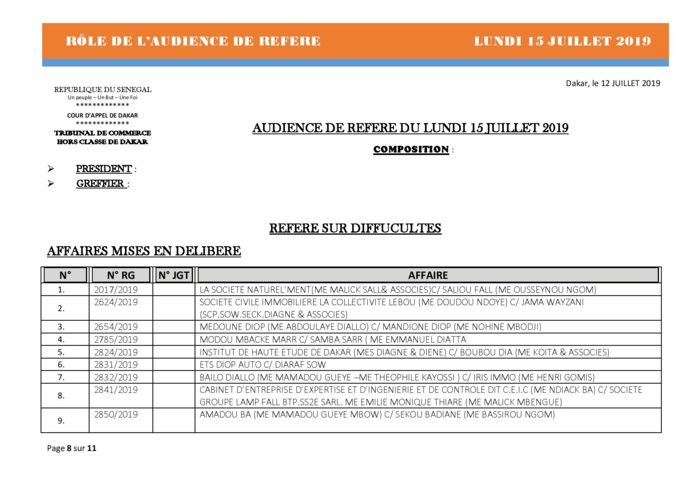 Tribunal du Commerce: Audiences des Référés de ce lundi 15 juillet 2019