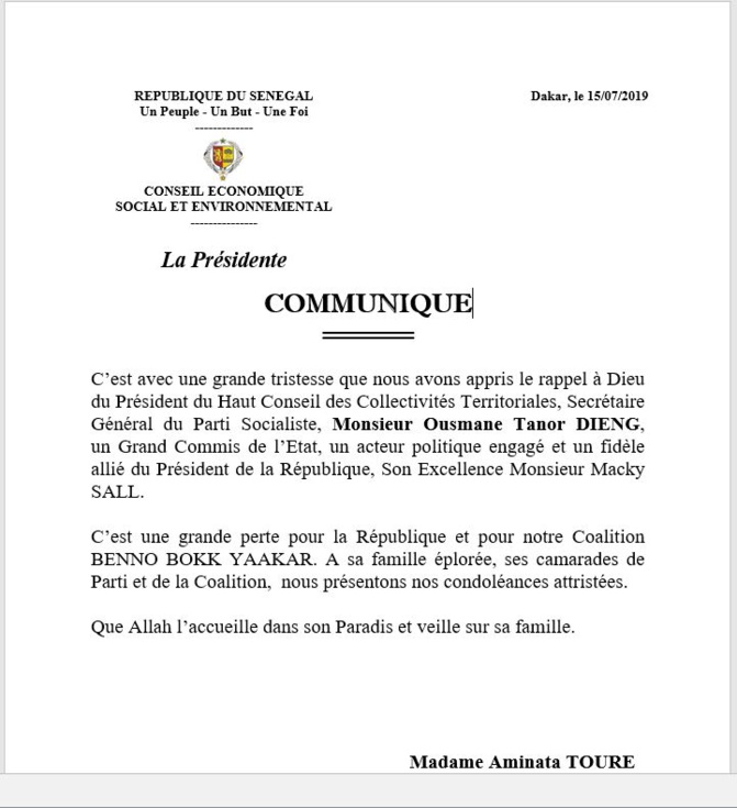Décès Ousmane T. Dieng - Réaction de Mme Aminata TOURE, Présidente du Conseil économique, Social et Environnemental