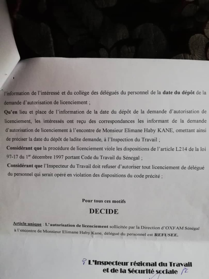 Contentieux Oxfam - Elimane Kane: L'Inspection du Travail rejette la demande d'autorisation de licenciement de l'employé Contentieux Oxfam - Elimane Kane: L'Inspection du Travail rejette la demande d'autorisation de licenciement de l'employé