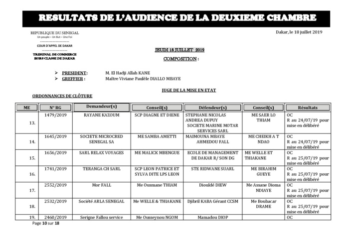 Tribunal du Commerce: Délibérés des Audiences du jeudi 18 juillet 2019