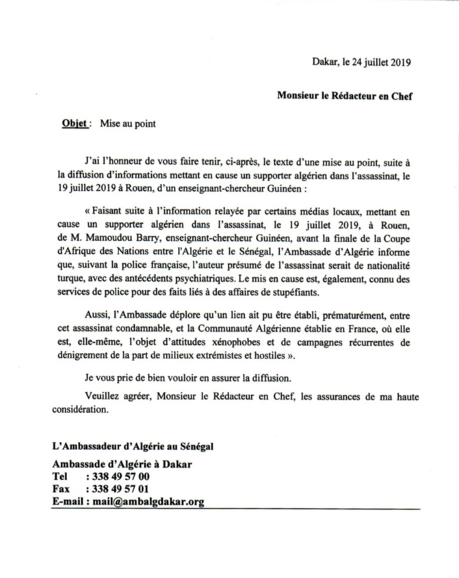 Meurtre Mamoudou Barry en France : les précisions de l’ambassade d’Algérie à Dakar