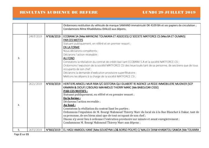 Tribunal du Commerce: Délibérés des Audiences du lundi 29 juillet 2019