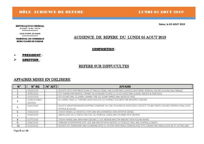 Tribunal du Commerce: Audiences des Référés de ce lundi 5 août 2019