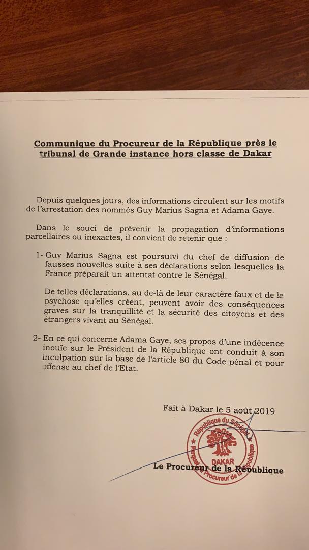 Les précisions du Procureur de la République Serigne Bassirou Guèye sur les affaires Adama Gaye (l'article 80 du Code pénal et pour offense au chef de l'État ) et Guy Marius Sagna ( Fausse Alerte au terrorisme )  