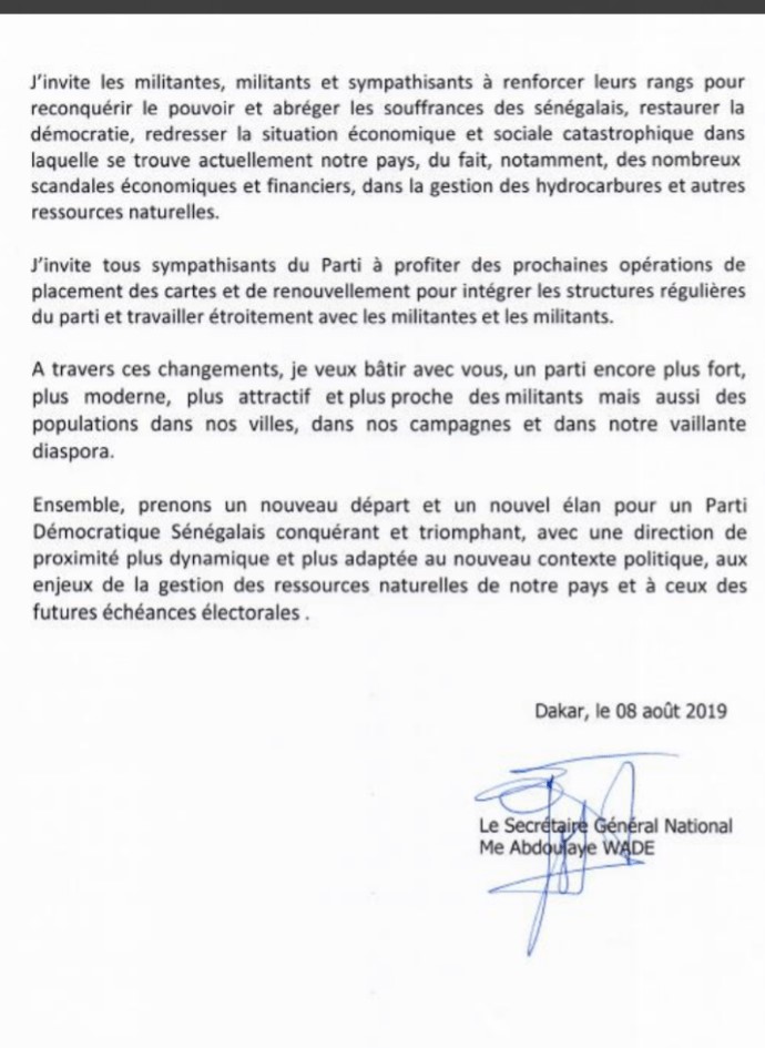 PDS: Me Wade dissout le Sen, Oumar Sarr et Cie virés (Communiqué) PDS: Me Wade dissout le Sen, Oumar Sarr et Cie virés (Communiqué)