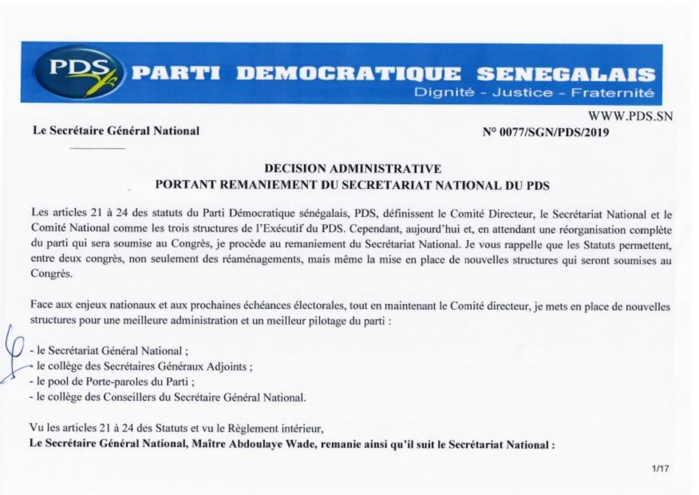Urgent: Voici la composition du nouveau Secrétariat national du PDS (Documents)