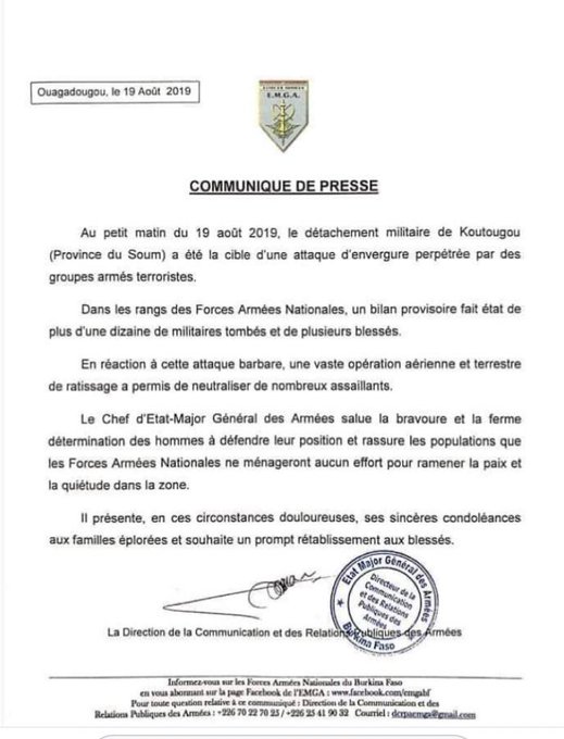 Burkina: Plus d'une dizaine de militaires tués dans une «attaque d'envergure»