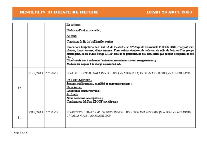 Tribunal du Commerce: Délibérés Audiences des Référés du lundi 26 août 2019